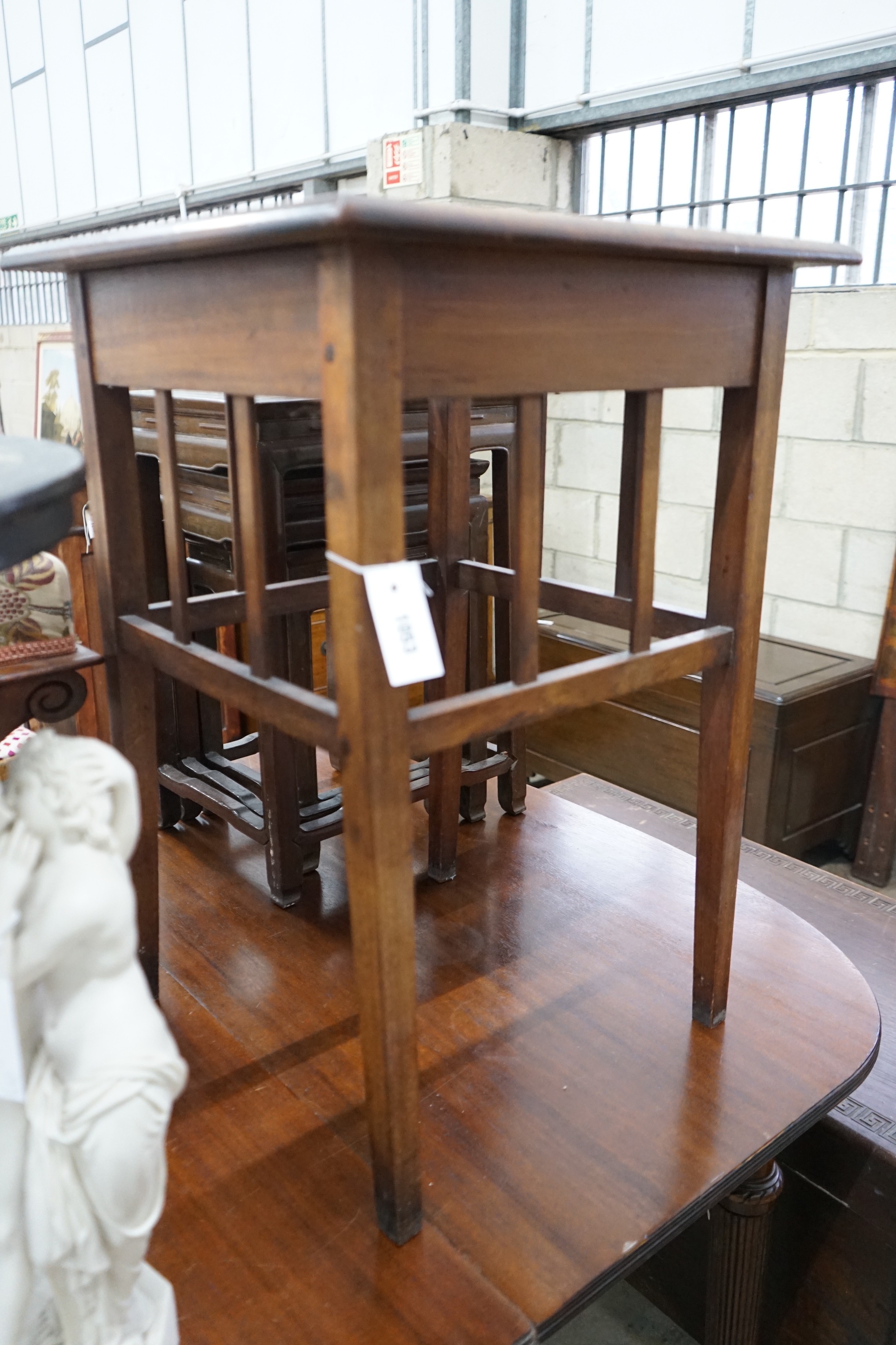 An early 20th century parquetry inlaid square occasional table and a Victorian and later painted tripod table, larger width 50cms height 72cms.